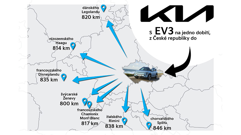mapa kam až lze dojet v Evropě na 850 km - Kia EV3